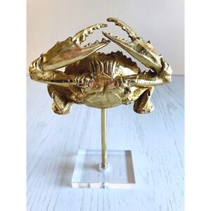 Gold Crab Sculpture on Acrylic Stand Coastal Decor Nautical Accent